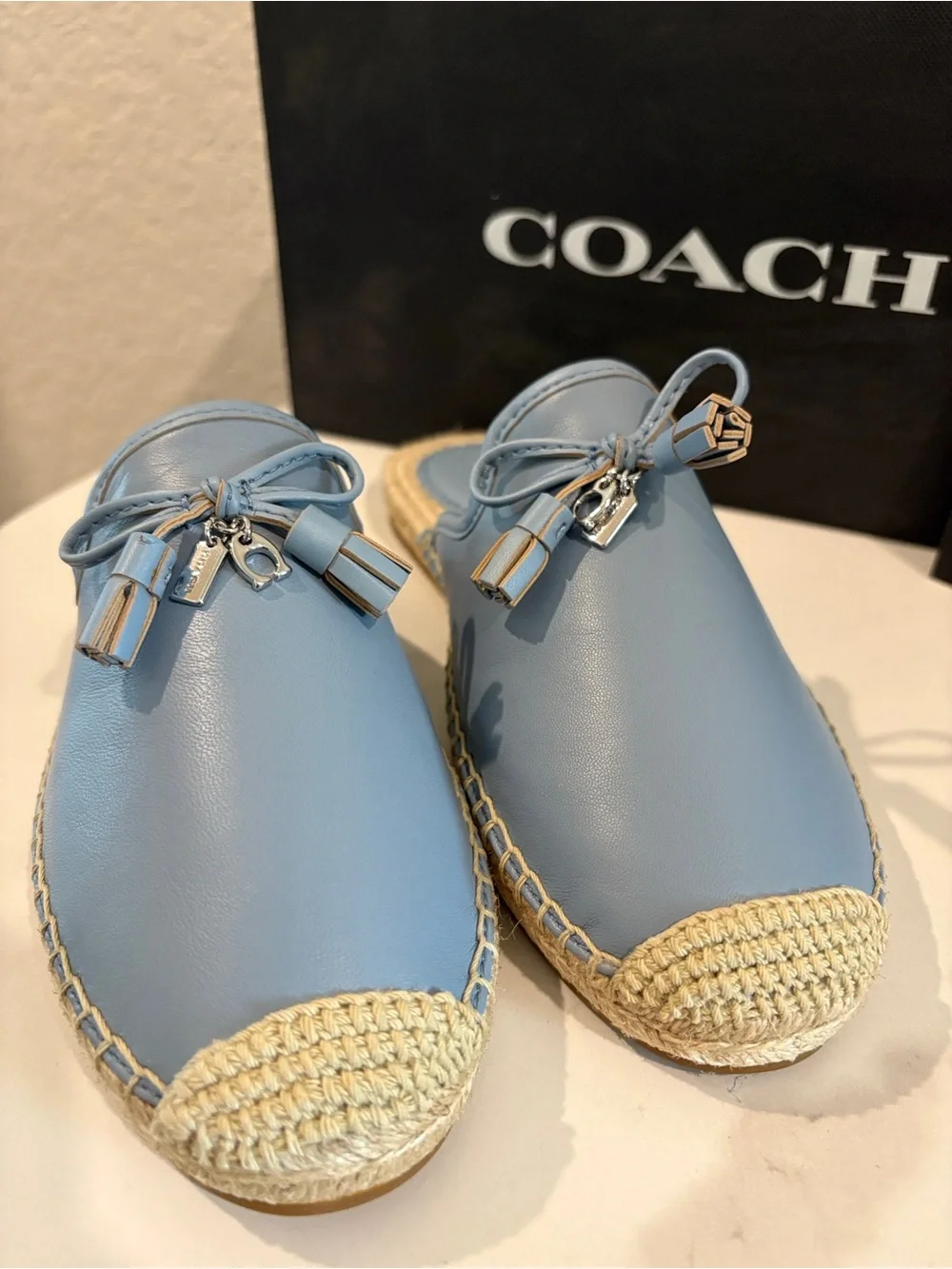 Coach Women's Light Blue Leather Espadrille Mules NWT